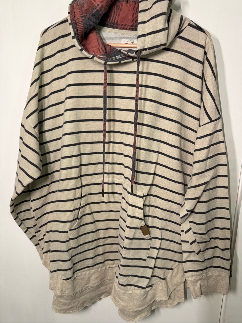 Womenโs Mauriceโs Striped Hooded Pullover Sweater - Beige with Black Stripes